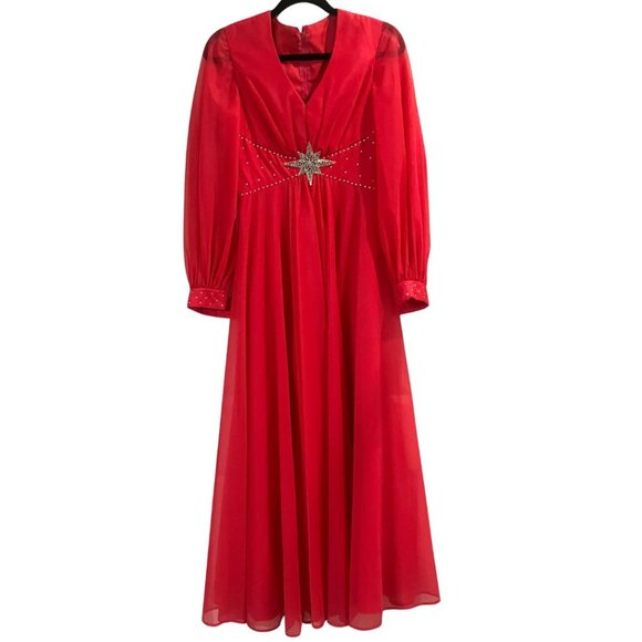 VTG 80s Mike Benet Formals Floor Length Long Sleeve Pink Beaded Dress Sz 10 READ - Picture 1 of 10